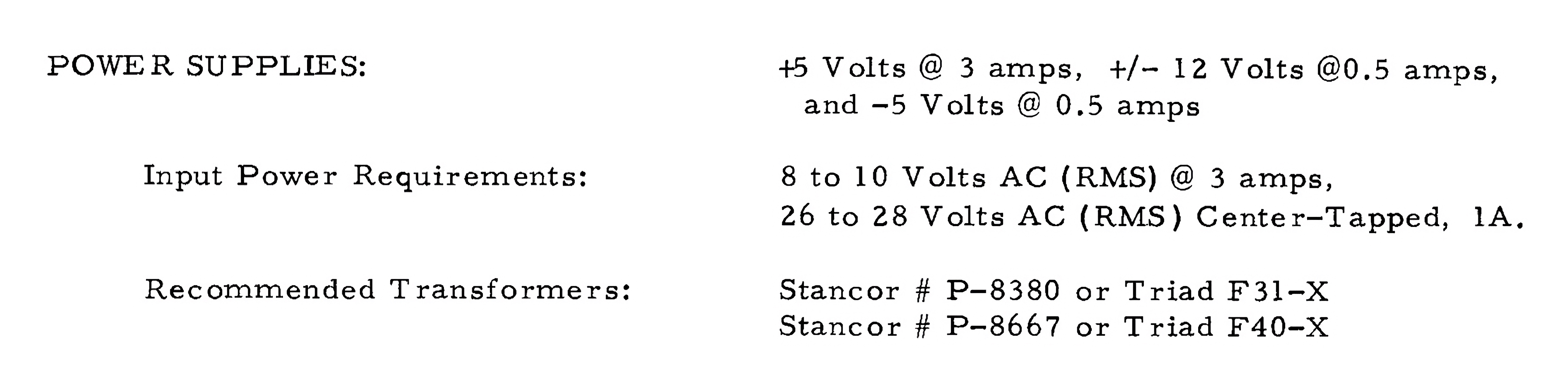 Transformer requirements from the Apple-1 manual