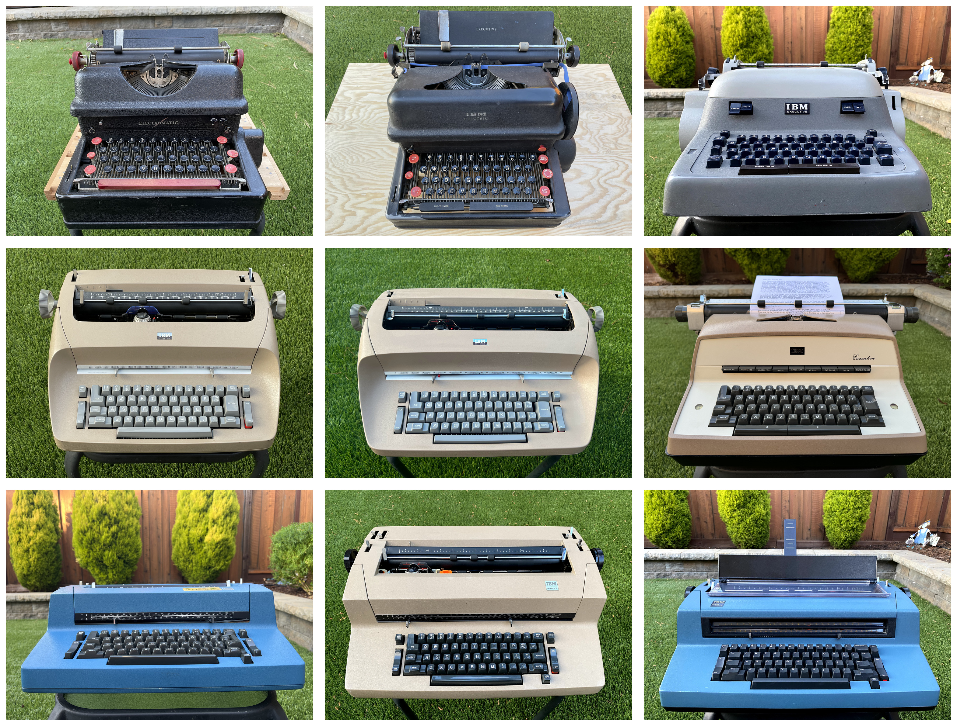 Electromechanical IBM typewriters: Electromatic (later IBM Model 01), Model 04 Executive, Model A Executive, Selectric I (two instances), Model D Executive, Correcting Selectric II (two instances), Correcting Selectric III
