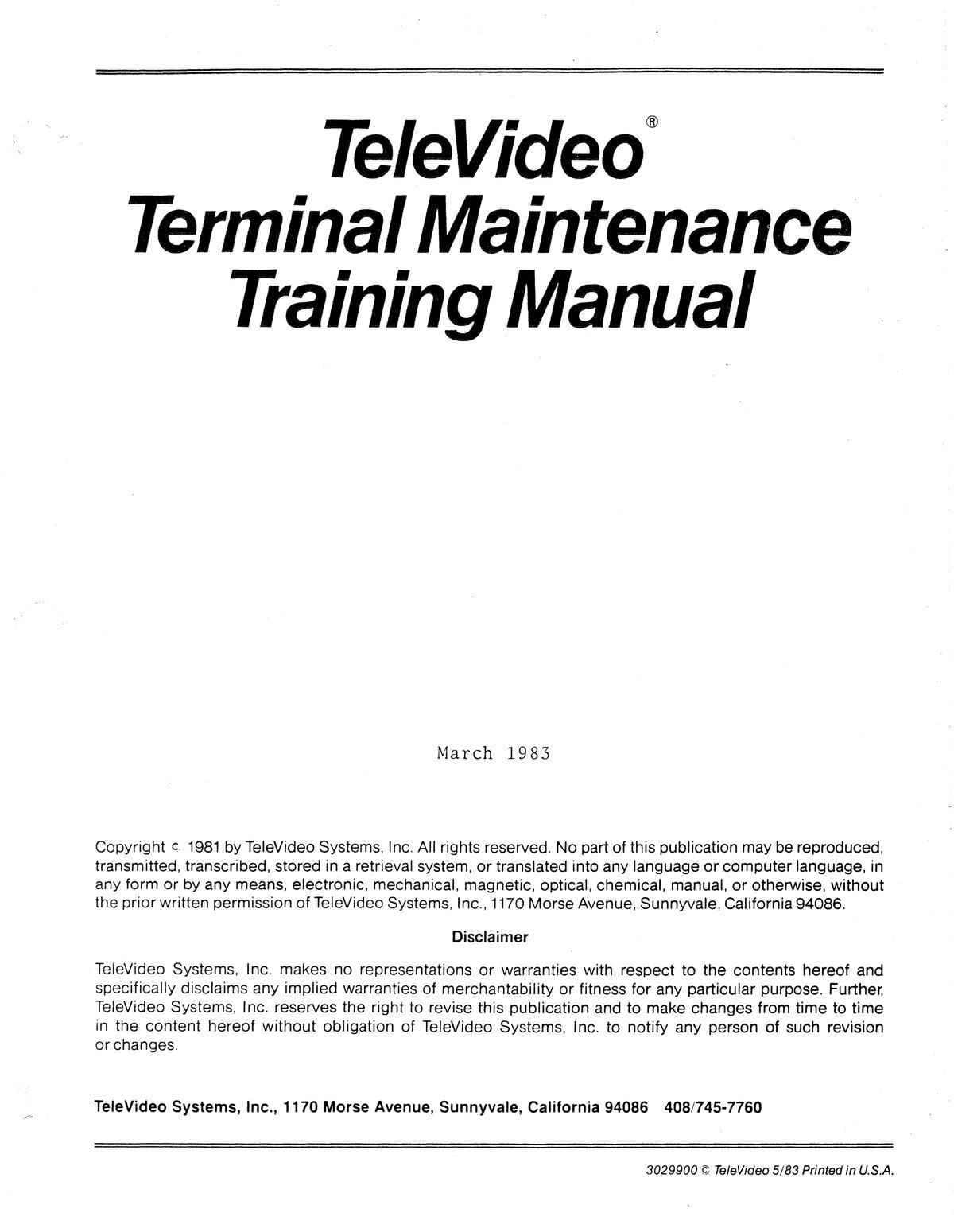 TeleVideo Terminal Maintenance Training Manual